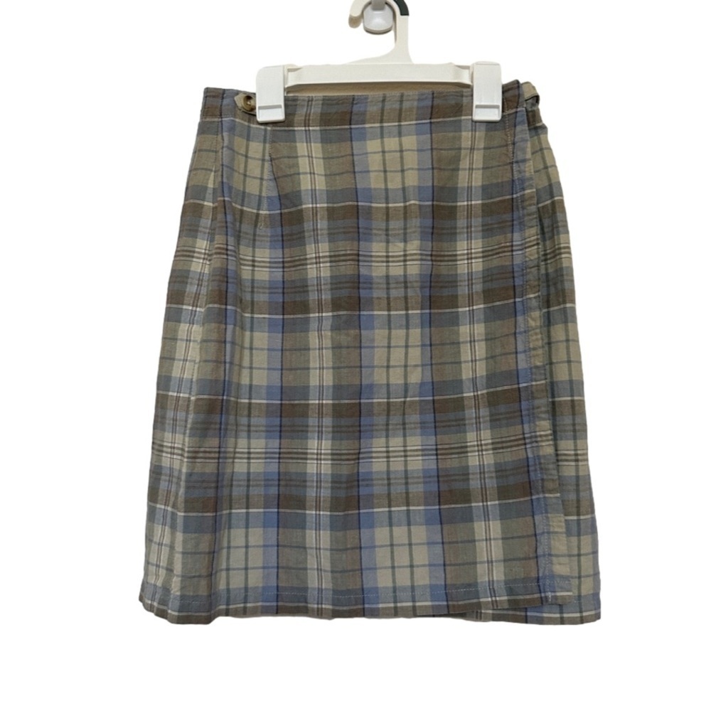 Eddie Bauer Wrap Around Mini Skirt Aline Womens‎ Plaid Tan Green Preppy Tennis